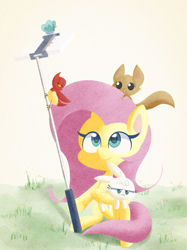 Size: 1666x2224 | Tagged: safe, artist:pitybug, angel bunny, fluttershy, bird, butterfly, pegasus, pony, rabbit, squirrel, g4, g4.5, my little pony: pony life, animal, cute, duo, female, folded wings, grass, hoof hold, looking at something, looking up, mare, outdoors, phone, selfie, selfie stick, shyabetes, sitting, smiling, unshorn fetlocks, wings