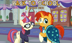 Size: 2064x1242 | Tagged: safe, anonymous artist, moondancer, sunburst, pony, unicorn, g4, 2021, back to school, blaze (coat marking), cloak, clothes, coat markings, duo, facial markings, female, friendship, glasses, greeting, librarian, male, mare, one eye closed, school of friendship, shipping, smiling, socks (coat markings), stallion, straight, sunburst's cloak, sunburst's glasses, sundancer, vice principal sunburst, welcome, wink
