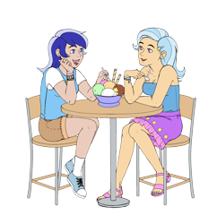 Size: 1500x1550 | Tagged: safe, artist:icicle-niceicle-1517, artist:toxiccolour, color edit, edit, minuette, trixie, human, g4, bowl, bracelet, chair, clothes, collaboration, colored, converse, ear piercing, earring, feet, female, food, humanized, ice cream, jewelry, lesbian, light skin, lightly tanned skin, looking at each other, minixie, nail polish, open mouth, piercing, ring, sandals, shipping, shirt, shoes, shorts, simple background, skirt, socks, spoon, t-shirt, table, tank top, toenail polish, transparent background, wristband