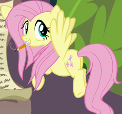 Size: 1007x947 | Tagged: safe, screencap, fluttershy, pegasus, pony, g4, she talks to angel, spoiler:s09, butt, cropped, female, flutterbutt, flying, mare, messy mane, mouth hold, pencil, plot, solo