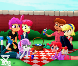 Size: 1200x1020 | Tagged: safe, artist:theretroart88, apple bloom, scootaloo, sweetie belle, equestria girls, g4, annika settergren, cardigan, clothes, cupcake, cutie mark crusaders, drink, eating, female, food, jeans, lying down, male, midriff, pants, picnic, pie, pippi longstocking, prone, sandals, sandwich, shirt, shoes, shorts, sneakers, striped shirt, t-shirt, the pose, thomas settergren