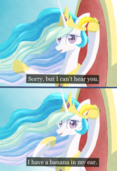 Size: 1668x2444 | Tagged: safe, artist:pitybug, princess celestia, alicorn, pony, g4, 2 panel comic, banana, bananalestia, bust, charlie the unicorn, comic, dexterous hooves, dialogue, female, food, high res, hoof hold, jewelry, looking at you, mare, pointing, regalia, solo, subtitles, three quarter view, throne, trollestia