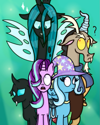 Size: 571x715 | Tagged: safe, artist:763lilypadpandaowl, discord, queen chrysalis, starlight glimmer, thorax, trixie, changedling, changeling, changeling queen, draconequus, pony, unicorn, g4, to where and back again, bag, clothes, female, green background, hat, male, question mark, reformed four, scared, shirt, shocked, simple background, sparkles, trixie's hat