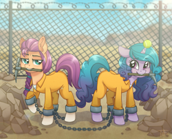 Size: 989x800 | Tagged: safe, artist:toxiccolour, izzy moonbow, sunny starscout, earth pony, pony, unicorn, g5, ankle chain, ankle cuffs, ball, barbed wire, bound together, chains, clothes, commission, cuffs, duo, duo female, female, fence, horn, hornball, izzy's tennis ball, jumpsuit, magic suppression, mare, markings, mouth hold, pickaxe, prison, prison outfit, prisoner, prisoner im, prisoner ss, raised hoof, rock, shirt, tennis ball, undershirt