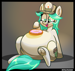 Size: 3500x3308 | Tagged: safe, artist:metalface069, oc, oc only, earth pony, pony, belly, big belly, commission, donut, fat, female, food, frog (hoof), happy, hat, high res, mare, open mouth, open smile, smiling, underhoof