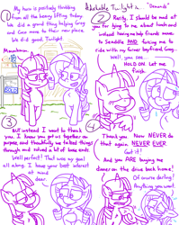 Size: 4779x6013 | Tagged: safe, artist:adorkabletwilightandfriends, coco pommel, rarity, twilight sparkle, oc, oc:greg, alicorn, pony, unicorn, comic:adorkable twilight and friends, g4, adorkable, adorkable twilight, angry, chest fluff, comic, conversation, cute, dork, female, friendship, funny, grass, grin, guilty, happy, humor, mare, nervous, nervous smile, nostril flare, passive aggressive, passive aggressive twilight, pointing, sign, slice of life, smiling, stern, sweat, twilight sparkle (alicorn), walking, waving, wing hands