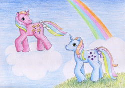 Size: 1280x903 | Tagged: safe, artist:normaleeinsane, pinwheel, starflower, g1, bow, rainbow, rainbow ponies, tail bow