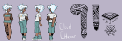 Size: 5000x1700 | Tagged: safe, artist:galaxiedream, cloudchaser, human, g4, arm behind back, barefoot, belly button, bigender, bra, clothes, converse, dark skin, ear piercing, earring, eyebrow piercing, feet, female, humanized, jeans, jewelry, midriff, panties, pants, piercing, purple background, reference sheet, shirt, shoes, simple background, solo, t-shirt, tattoo, underwear