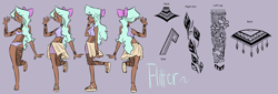 Size: 5000x1700 | Tagged: safe, artist:galaxiedream, flitter, human, g4, anklet, barefoot, belly button, belly piercing, bellyring, bow, bra, bracelet, clothes, compression shorts, dark skin, ear piercing, earring, feet, female, hair bow, humanized, jewelry, midriff, nail polish, nose piercing, panties, piercing, purple background, purple underwear, reference sheet, sandals, simple background, skirt, solo, sports bra, tattoo, toenail polish, underwear, wristband
