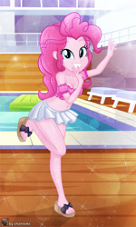 Size: 705x1173 | Tagged: safe, artist:charliexe, pinkie pie, equestria girls, g4, belly button, clothes, cute, diapinkes, feet, female, grin, midriff, sandals, shirt, skirt, smiling, solo, swimming pool