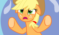 Size: 1148x689 | Tagged: safe, artist:jadeharmony, applejack, earth pony, pony, g4, applejack's hat, bubble, cowboy hat, floppy ears, freckles, green eyes, hat, scared, solo, trapped