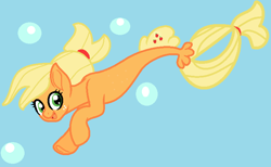 Size: 730x450 | Tagged: safe, artist:jadeharmony, applejack, seapony (g4), g4, blonde, blue background, bubble, dorsal fin, female, fish tail, flowing mane, flowing tail, green eyes, hatless, missing accessory, open mouth, open smile, seaponified, seapony applejack, simple background, smiling, solo, species swap, tail, underwater, water