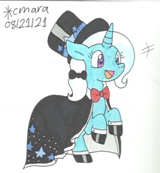 Size: 1026x1108 | Tagged: safe, artist:cmara, trixie, pony, g4, bow, bowtie, cape, clothes, cute, diatrixes, hair bow, happy, hat, shoes, smiling, solo, top hat, traditional art