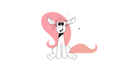 Size: 2560x1440 | Tagged: safe, fluttershy, pegasus, pony, g4, chest fluff, ear fluff, looking at you, simple background, sitting, smiling, solo, text, white background, wingless, worried, worried smile