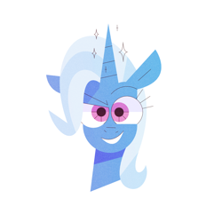 Size: 1440x1440 | Tagged: safe, artist:hazelnoods, trixie, pony, unicorn, g4, big eyes, bust, female, grin, looking at you, mare, mischievous grin, portrait, simple background, smiling, solo, sparkles, white background