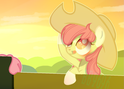 Size: 973x695 | Tagged: safe, alternate version, artist:bonbon9696, apple bloom, earth pony, pony, g4, blushing, coat markings, cowboy hat, female, filly, hat, socks (coat markings), solo, tongue out, watermark