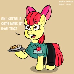 Size: 400x400 | Tagged: safe, apple bloom, earth pony, pony, g4, apple, apple pie, applebee's, bow, clothes, female, food, holding, name tag, pie, question, shadow, signature, simple background, talking, text