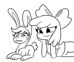 Size: 3608x3000 | Tagged: safe, artist:tjpones, apple bloom, scootaloo, pegasus, pony, equestria girls, g4, animal costume, black and white, bunny costume, clothes, costume, crying, duo, female, filly, freckles, grayscale, high res, lying down, monochrome, prone, simple background, white background