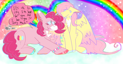 Size: 3583x1870 | Tagged: safe, artist:h0rrorsmile, fluttershy, pinkie pie, earth pony, pegasus, pony, g4, alternate cutie mark, colored sclera, female, lesbian, mare, rainbow, ship:flutterpie, shipping, sitting