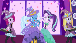 Size: 4500x2550 | Tagged: safe, artist:bigpurplemuppet99, fuchsia blush, lavender lace, starlight glimmer, trixie, human, equestria girls, g4, my little pony equestria girls: rainbow rocks, cape, clothes, dress, eyelashes, hat, singing, trixie and the illusions, trixie's cape, trixie's hat