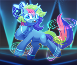 Size: 4277x3615 | Tagged: safe, artist:neverend, oc, pony, unicorn, bowtie, collar, headphones, horn, neon, neon background, simple background, unicorn oc, visor