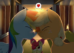 Size: 4093x2894 | Tagged: safe, artist:thevider, apple bloom, applejack, rainbow dash, earth pony, pony, g4, background pony, boop, cute, dashabetes, fanart, female, jackabetes, lesbian, noseboop, ship:appledash, shipping