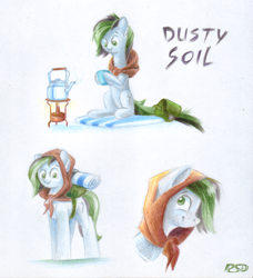 Size: 2343x2571 | Tagged: safe, artist:rsd500, oc, oc only, oc:dusty soil, earth pony, pony, art trade, bag, cup, green eyes, high res, kettle, looking at you, looking up, reference sheet, saddle bag, simple background, teacup, traditional art, white background
