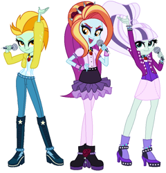 Size: 798x832 | Tagged: safe, artist:sarahalen, adagio dazzle, aria blaze, coloratura, lightning dust, sassy saddles, sonata dusk, equestria girls, g4, my little pony equestria girls: rainbow rocks, the mane attraction, alternate universe, clothes, countess coloratura, equestria girls-ified, female, gem, jewelry, microphone, necklace, open mouth, open smile, ponytail, punk, simple background, siren gem, smiling, smirk, spikes, the dazzlings, trio, trio female, white background