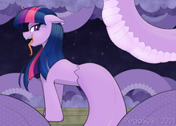 Size: 1400x1000 | Tagged: safe, alternate version, artist:suspega, derpibooru exclusive, twilight sparkle, lamia, original species, pony, g4, bulges, cloud, constellation, echidna wars dx, fangs, female, floppy ears, forked tongue, impossibly long tail, kitchen eyes, lamiafied, long tail, night, night sky, open mouth, ouroboros (echidna wars dx), reference, sky, smiling, snake tail, species swap, tail bulge, tongue out, twilamia, twilight snakle, twipred, video game, vore
