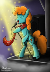 Size: 2059x2912 | Tagged: safe, artist:greenflyart, oc, oc only, oc:nessie (bronyscot), pony, bronyscot, bronyscot 2018, clothes, high res, mascot, microphone, scarf, solo, speaker