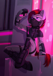 Size: 892x1280 | Tagged: safe, artist:hakkids2, oc, oc only, earth pony, semi-anthro, arm hooves, armor, commission, cyberpunk, digital art, female, hooves, mare, mask, sitting, solo, tail