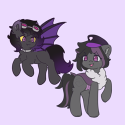 Size: 2048x2048 | Tagged: safe, artist:mayohnays, oc, oc only, oc:mimicry, bat pony, original species, branding, collar, cute, dyed mane, dyed tail, female, fluffy, flying, goggles, hat, high res, looking at each other, male, mare, shiftling, smiling, smiling at each other, stallion, wings