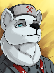 Size: 509x686 | Tagged: safe, artist:neither, oc, oc only, oc:chairbear icebear, original species, equestria at war mod, barely pony related, blue eyes, bust, clothes, communism, fluffy, hat, portrait, simple background, socialism, uniform, white fur