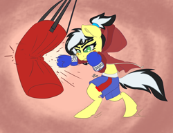 Size: 3300x2550 | Tagged: safe, artist:leadhooves, oc, oc only, oc:uppercute, earth pony, pony, bipedal, boxer, boxing, boxing gloves, boxing shorts, clothes, female, freckles, hair tie, high res, hoodie, mare, punch, punching bag, solo, sports