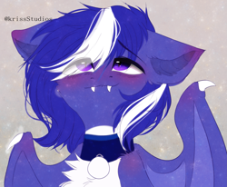 Size: 2605x2150 | Tagged: safe, artist:krissstudios, oc, oc only, oc:rainey lovers, bat pony, pony, bat wings, blushing, bust, collar, fangs, high res, pale belly, portrait, solo, two toned hair, white belly, wings