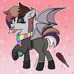 Size: 2000x2000 | Tagged: safe, artist:pink-pone, oc, oc only, oc:chiroptophobia, bat pony, pony, clothes, female, high res, mare, one eye closed, scarf, solo, tongue out, wink