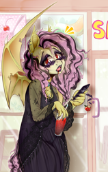 Size: 846x1338 | Tagged: safe, artist:pastelperyton, fluttershy, bat pony, anthro, g4, ankh, bat ponified, cellphone, clothes, drink, ear piercing, earring, emoshy, eyeshadow, female, fingernails, flutterbat, goth, jewelry, lipstick, makeup, necklace, phone, piercing, race swap, smoothie, snake bites, solo, sunglasses