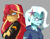Size: 1380x1080 | Tagged: safe, artist:beefgummies, artist:fatjelyfish, sunset shimmer, trixie, equestria girls, g4, aggie.io, angry, clothes, cross-popping veins, crossed arms, duo, female, freckles, fringe, gray background, hairpin, jacket, looking at each other, peppered bacon, simple background, that pony sure have anger issues