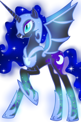 Size: 1280x1930 | Tagged: safe, artist:goldlines005, nightmare moon, alicorn, bat pony, bat pony alicorn, pony, g4, bat ponified, bat wings, ethereal mane, female, grin, helmet, hoof shoes, horn, mare, peytral, race swap, raised hoof, simple background, slit pupils, smiling, solo, starry mane, transparent background, wings