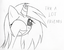 Size: 500x395 | Tagged: safe, artist:srmario, oc, oc only, oc:doctiry, pony, unicorn, :d, broken horn, crying, eyelashes, female, horn, lineart, mare, monochrome, open mouth, simple background, smiling, solo, talking, tears of joy, unicorn oc, white background, wiping tears