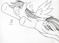 Size: 600x437 | Tagged: safe, artist:srmario, rainbow dash, pegasus, pony, g4, female, flying, grin, lineart, mare, monochrome, simple background, smiling, solo, underhoof, white background