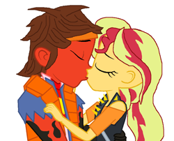 Size: 820x661 | Tagged: safe, artist:robertsonskywa1, idw, sunset shimmer, equestria girls, g4, clothes, couple, crossover, crossover shipping, duo, female, headband, holomatter avatar, kissing, love, male, more than meets the eye, rodimus, shipping, straight, transformers