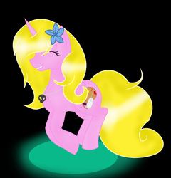 Size: 1376x1432 | Tagged: safe, artist:aonairfaol, oc, oc only, pony, unicorn, black background, eyes closed, female, flower, flower in hair, horn, jewelry, mare, necklace, simple background, smiling, unicorn oc