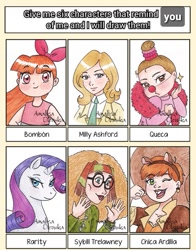 Size: 567x724 | Tagged: safe, artist:amalteaolenska, rarity, human, pony, unicorn, g4, bedroom eyes, blossom (powerpuff girls), crossover, eyelashes, glasses, harry potter (series), necktie, six fanarts, solo, squirrel girl, the powerpuff girls, traditional art