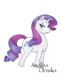 Size: 567x724 | Tagged: safe, alternate version, artist:amalteaolenska, rarity, pony, unicorn, g4, horn, signature, simple background, solo, traditional art, white background