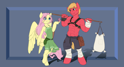 Size: 2400x1301 | Tagged: safe, artist:joan-grace, edit, big macintosh, fluttershy, butterfly, earth pony, pegasus, anthro, unguligrade anthro, g4, abs, abstract background, alternate universe, blushing, bucket, carrying pole, clothes, dress, female, great macintosh, hoof hands, leg wraps, looking at each other, male, mare, muscles, muscular male, pecs, sack, ship:fluttermac, shipping, smiling, smiling at each other, stallion, straight, topless, weight lifting, yoke