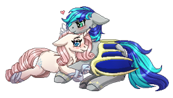Size: 376x214 | Tagged: safe, artist:inspiredpixels, oc, oc only, pony, unicorn, bat wings, blushing, duo, floating heart, floppy ears, heart, oc x oc, pixel art, shipping, simple background, transparent background, wings