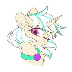 Size: 1000x1000 | Tagged: artist needed, source needed, safe, oc, oc only, oc:anna karenna, pony, unicorn, cute, one eye closed, simple background, smiling, solo, white background, wink