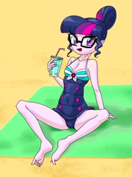 Size: 747x997 | Tagged: safe, artist:xjleiu, sci-twi, twilight sparkle, equestria girls, equestria girls series, forgotten friendship, g4, barefoot, beach towel, breasts, cleavage, clothes, drink, feet, female, glasses, hair bun, one-piece swimsuit, sci-twi swimsuit, sleeveless, solo, swimsuit, wiggling toes