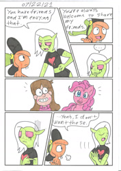 Size: 1280x1805 | Tagged: safe, artist:cmara, pinkie pie, earth pony, human, pony, comic:not those friends, g4, ..., comic, crossover, gravity falls, lord dominator, mabel pines, male, speech bubble, traditional art, wander (wander over yonder), wander over yonder